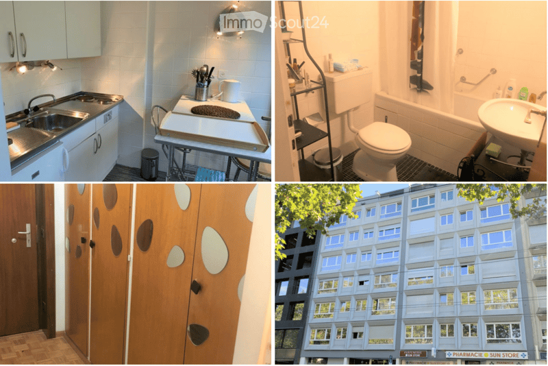Four images: top left shows a compact kitchen with white cabinets, sink, stove, and countertop; top right shows a small bathroom with a toilet, sink, and bathtub; bottom left shows a wooden door with decorative cutouts; bottom right shows a modern multi-s