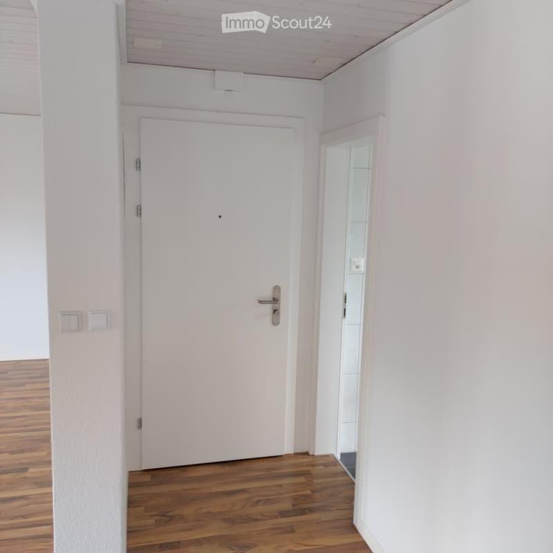 Empty corridor with white walls, wooden floor, a closed white door, a small opening leading to bathroom.