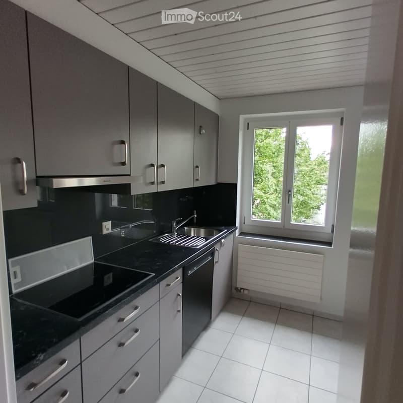 White cabinets, black countertops, stainless steel sink, dishwasher, window with outdoor view