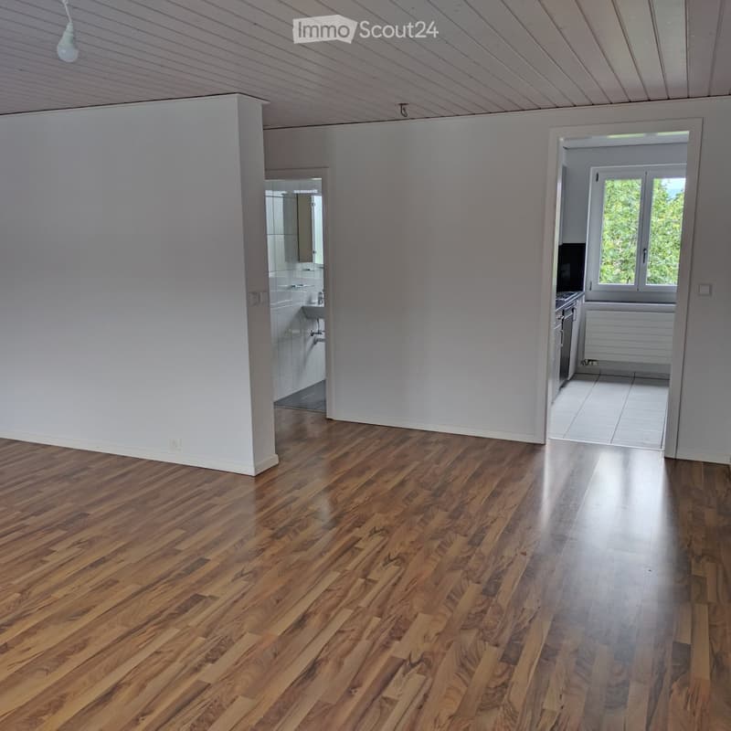 empty room, white walls, wooden floor, bathroom, kitchen
