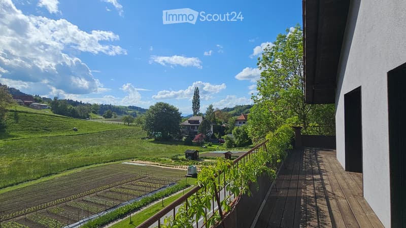 Balcony with wooden decking, metal railing, and potted plants, overlooking a scenic countryside with fields, trees, and distant houses.