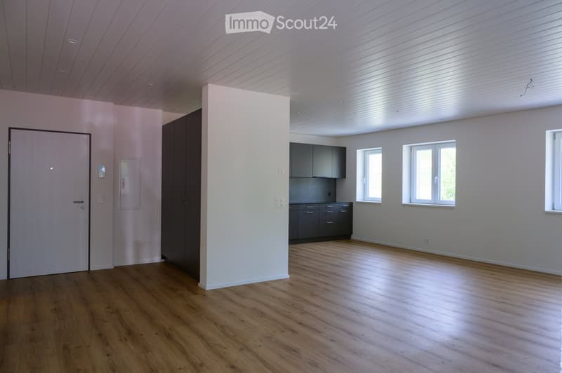 Empty room with wooden flooring, white walls, and a modern ceiling. Features include a door, built-in dark cabinets, and a small kitchen area with grey cabinets and a countertop.
