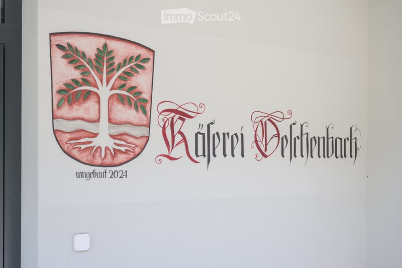 A painted sign on a building wall featuring a shield with a tree and the text "Käferi Delftenbach" along with the year "2024".
