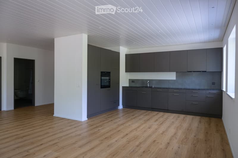 Modern kitchen with grey cabinets, wooden flooring, and a sleek design. Features an oven, sink, and faucet.