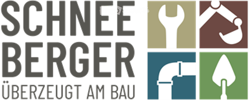 Logo for "Schnee Berger" with text "Uberzeugt am Bau" and four icons representing construction, plumbing, and landscaping.