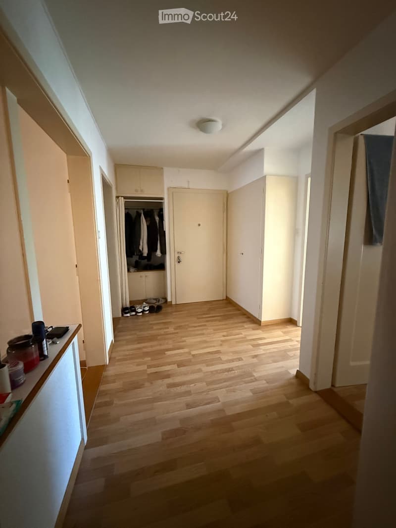 Empty hallway with wooden flooring, white walls, and several doors leading to other rooms. A small closet with clothes and shoes is visible on the left side.