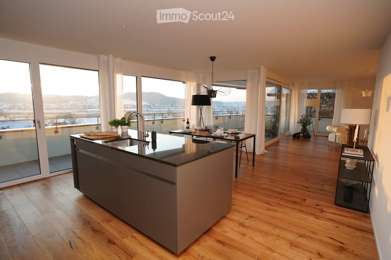 Modern kitchen with a central island, sink, and ample natural light from large windows and a balcony. Includes a dining table, chairs, and decorative elements like lamps and potted plants.