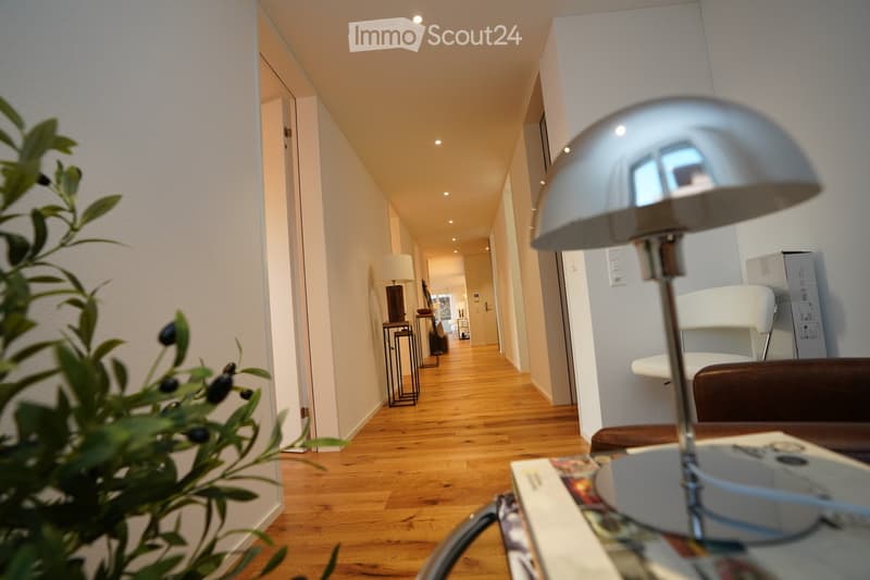 A well-lit hallway with wooden flooring, white walls, and modern lighting fixtures. The corridor leads to other rooms and features a small plant on the left side and a modern lamp on the right.