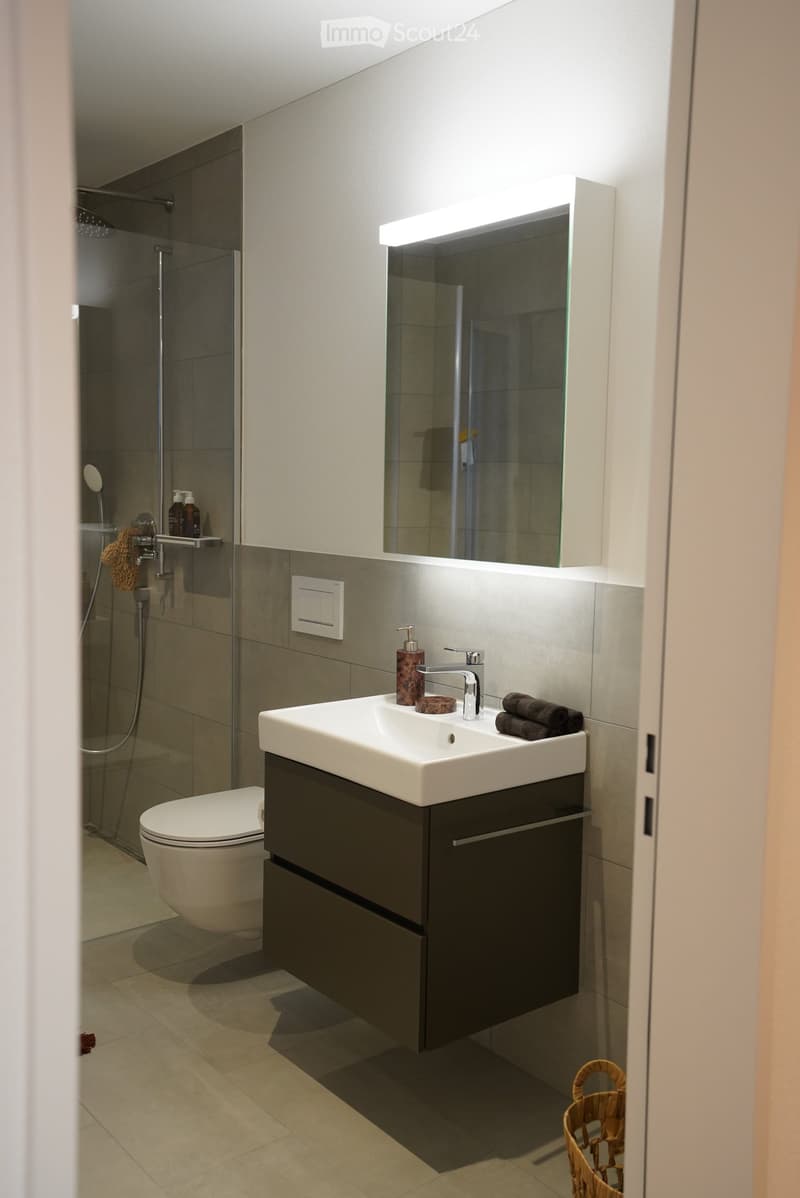 Modern bathroom with a white sink, dark vanity, large mirror with built-in lighting, toilet, and a glass-enclosed shower area.