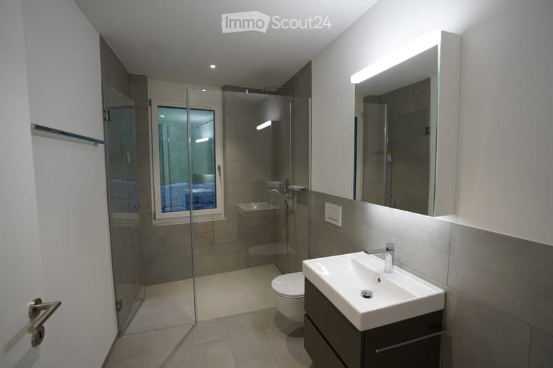 Modern bathroom with a white sink, large mirror with built-in lighting, toilet, glass-enclosed shower, and a window providing natural light.