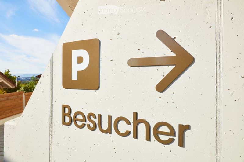A sign indicating a parking area for visitors, with a large 'P' symbol and an arrow pointing to the right, and the word 'Besucher' below.