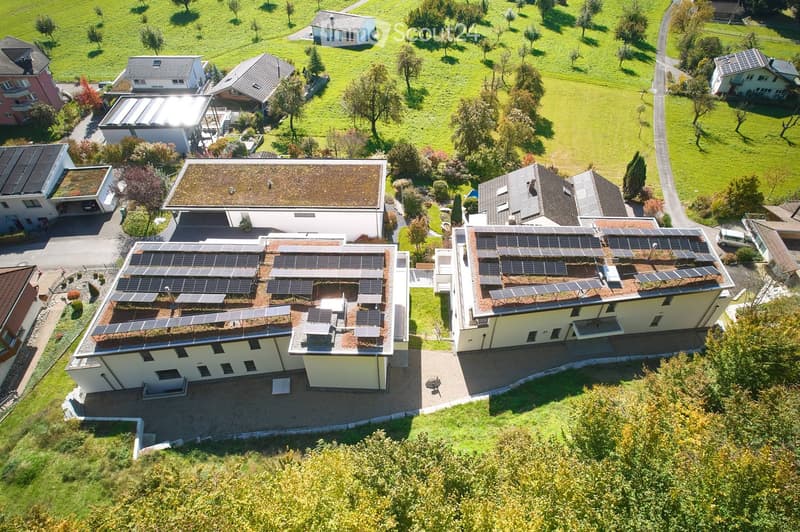 Aerial view of a residential area with multiple houses, solar panels on rooftops, and surrounding greenery.