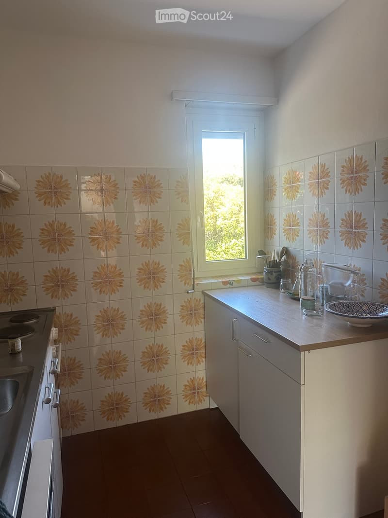 A small kitchen with floral tiled backsplash, white cabinets, and a window overlooking greenery. The counter has various items including a bowl, cup, and bottle.