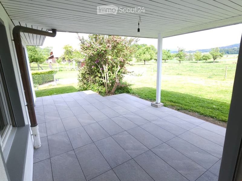 covered terrace with gray tiles, view of green field, white roof, plants