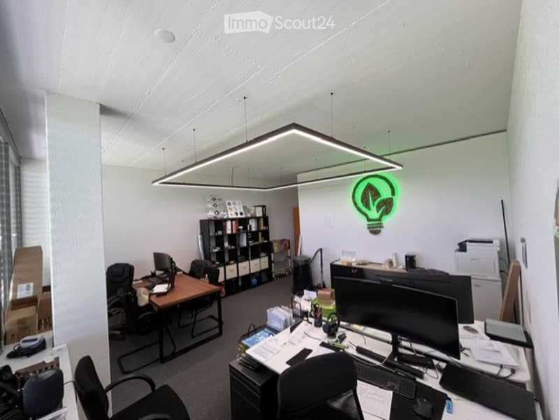 Office space with desks, chairs, computer monitors, keyboards, mice, a bookshelf, and a neon plant light on the wall.
