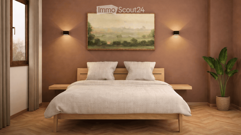 Modern bedroom with a wooden bed, nightstands, a large painting above the bed, and a potted plant in the corner.