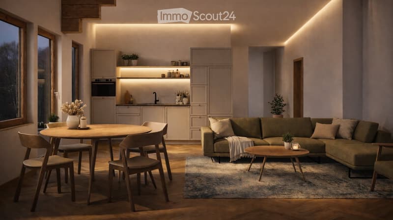 Modern living and dining area with a sectional sofa, coffee table, dining table with chairs, and a fitted kitchen with cabinets and appliances.