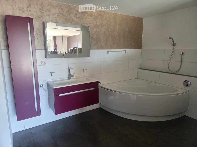 Modern bathroom with a white sink, purple cabinet, large mirror, and a bathtub with a handheld shower.