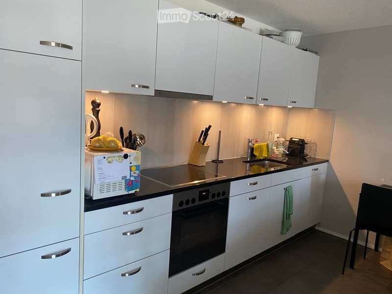 Modern kitchen with white cabinets, stainless steel handles, induction cooktop, microwave, oven, sink, and various kitchen utensils.