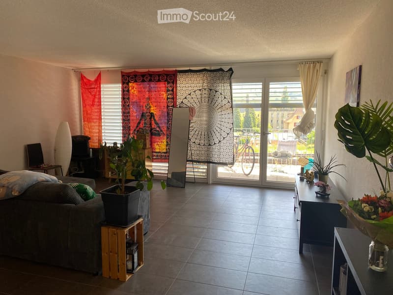 Bright living room with large sliding glass doors leading to a balcony, featuring a grey sofa, wooden stool, side table, mirror, and various plants.