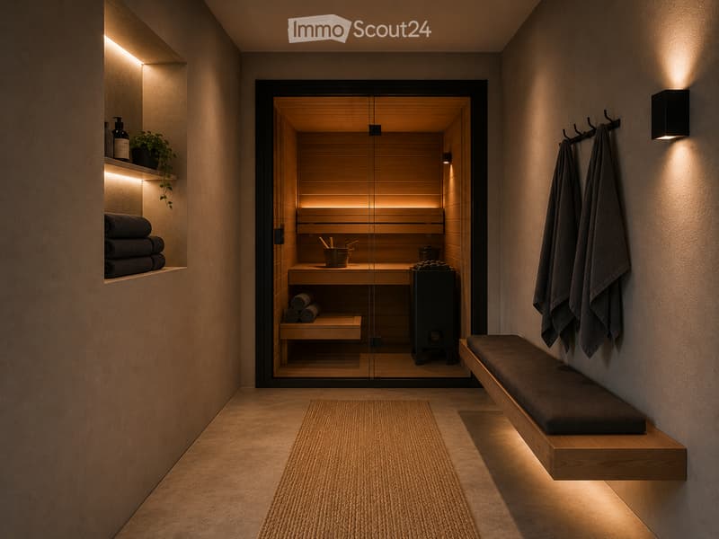 Modern bathroom with a wooden sauna, bench, towels, and a small plant on a shelf.