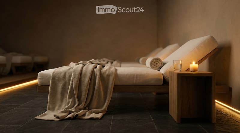 Spa-like room with multiple daybeds, soft lighting, and a small wooden table holding candles and a glass.