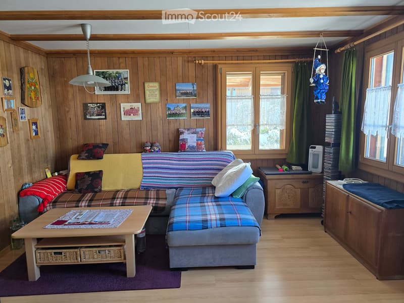Cozy living room with wooden walls and ceiling, a sectional sofa with colorful cushions, a coffee table with a newspaper, and a pendant light hanging from the ceiling.