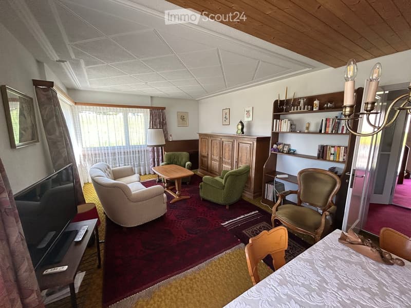 A cozy living room with a mix of modern and classic furniture, including a sofa, armchairs, a coffee table, a bookshelf, and a television. The room features a chandelier, a wooden cabinet, and a large window with curtains.