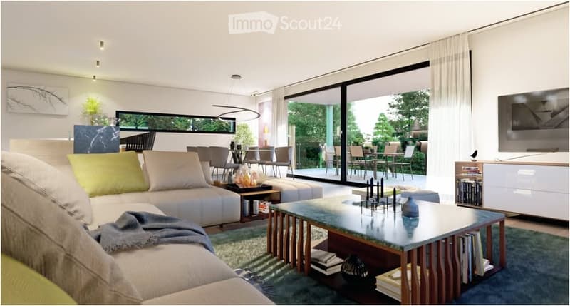 Modern living room with large windows and a balcony. Features a white sectional sofa, coffee table, ottoman, dining area with chairs and table, bookshelf, and television.