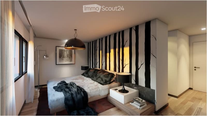 Modern bedroom with a large bed, nightstand, table lamp, floor lamp, and a decorative picture frame on the wall. The room features a stylish black and white striped accent wall and warm lighting.