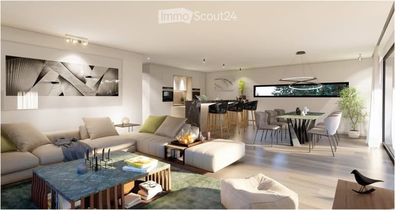 Modern open-plan living and dining area with a fireplace, sofa, coffee table, ottoman, dining table with chairs, and a potted plant. The space features contemporary decor and ample natural light.