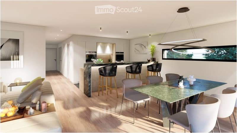 Modern open-plan living and dining area with a white sofa, coffee table, bar stools, dining table, and chairs. The kitchen features a central island with bar stools, cabinets, and appliances. A pendant light hangs above the dining area, and a large mirror