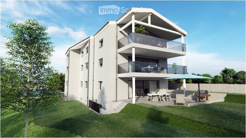 Modern two-story house with white exterior, multiple balconies, and outdoor patio furniture.