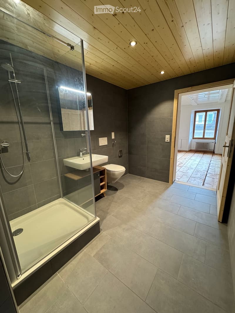 Modern bathroom with a glass-enclosed shower, bathtub, toilet, sink, and mirror. The room features dark grey tiles and a wooden shelf next to the sink.