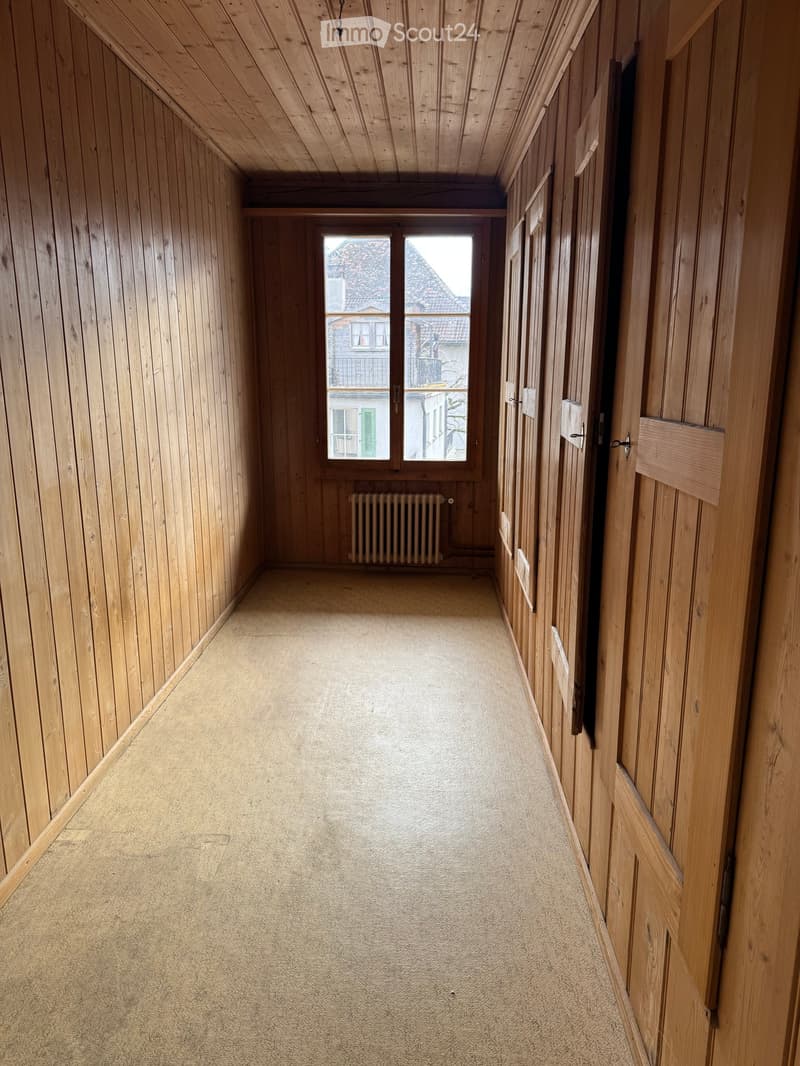 Empty wooden-paneled hallway with carpeted floor, radiator, and large window at the end.