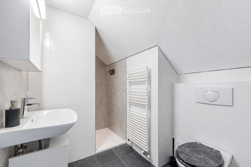 Modern bathroom with white tiles, a sink with a modern faucet, a mirror cabinet, a radiator, and a toilet with a dark seat.