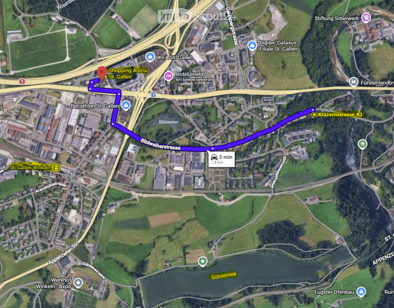 Map showing a route from Shopping Arena St. Gallen to Kräzemstrasse 43, passing through Bildweierstrasse, with a distance of 1.5 km and travel time of 3 minutes.