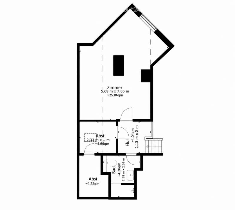 Floor plan of a house with a large living space, bathroom, and hallway.
