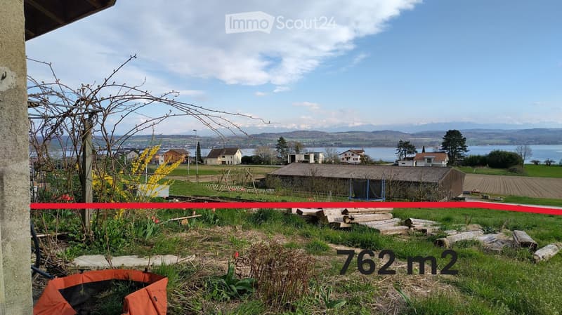 Garden area with grass, logs, and a view of a lake and mountains in the background.