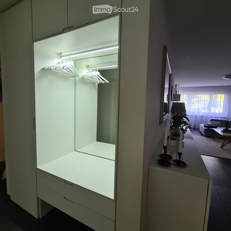 A modern hallway with a built-in wardrobe, a small table with candle holders, and a view into a living room with a sofa, table lamp, and flower pot.