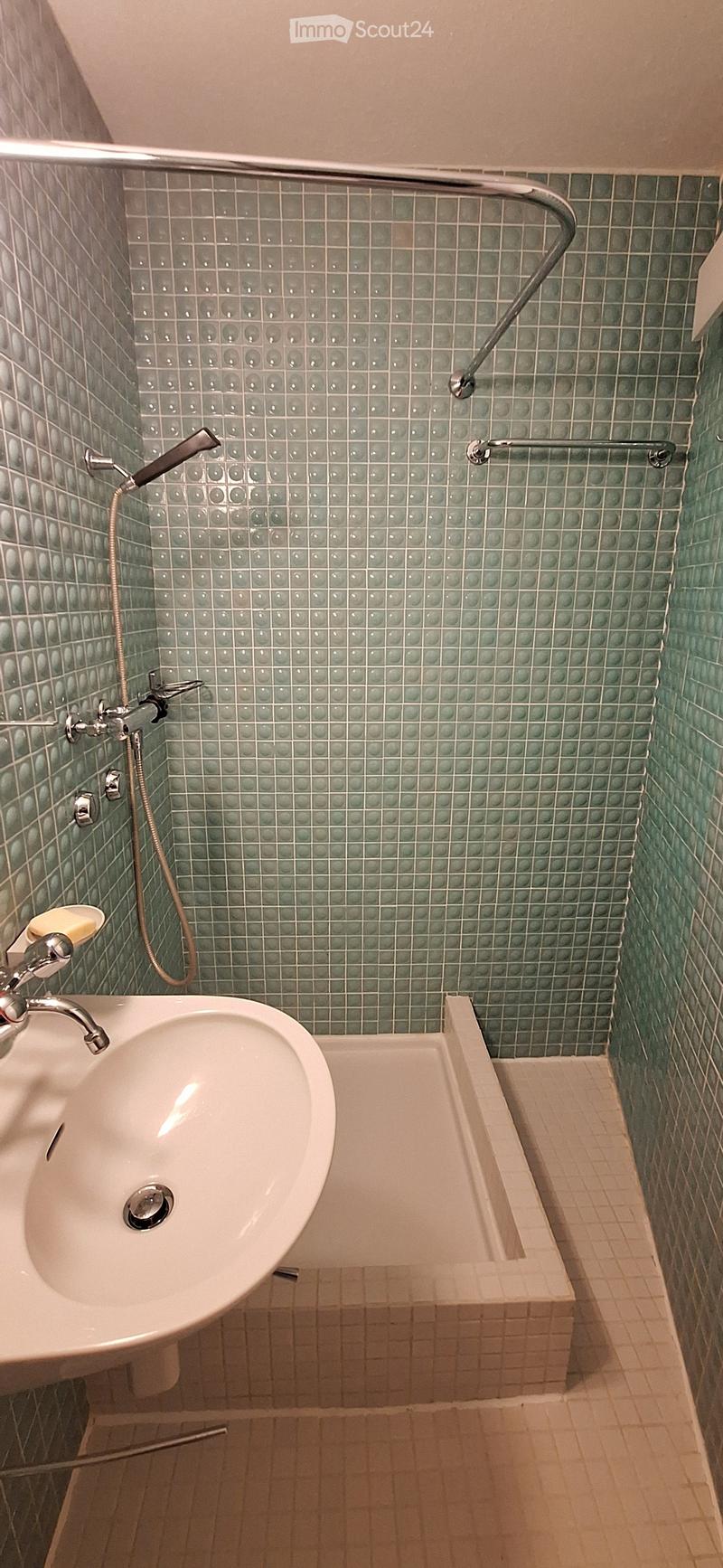 Bathroom with green tiled walls, a white sink, a bathtub, a showerhead, and a handrail.