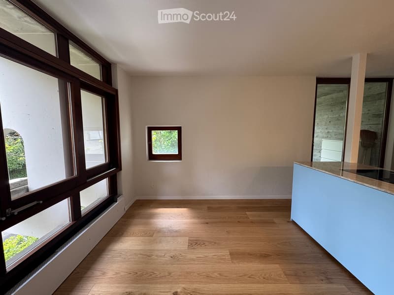 Empty room with wooden flooring, large windows, and a small counter in the corner.