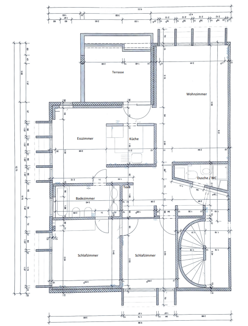 Floor Plan. Floor plan of a multi-room apartment including a living room, kitchen, dining room, bedroom, bathroom, and terrace.