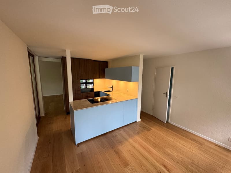 Modern kitchen with light blue cabinets, a central island, and wooden flooring.