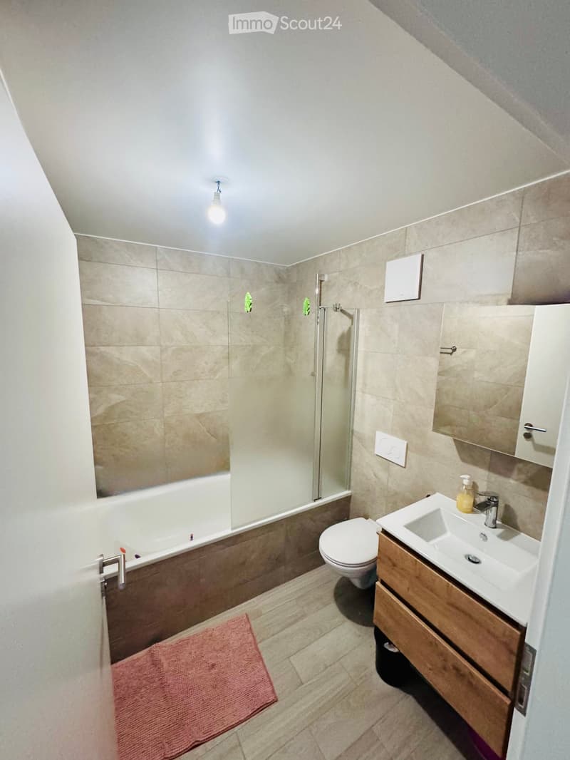 Modern bathroom with a bathtub, toilet, sink, wooden cabinet, mirror, and a pink bathroom rug on the floor.