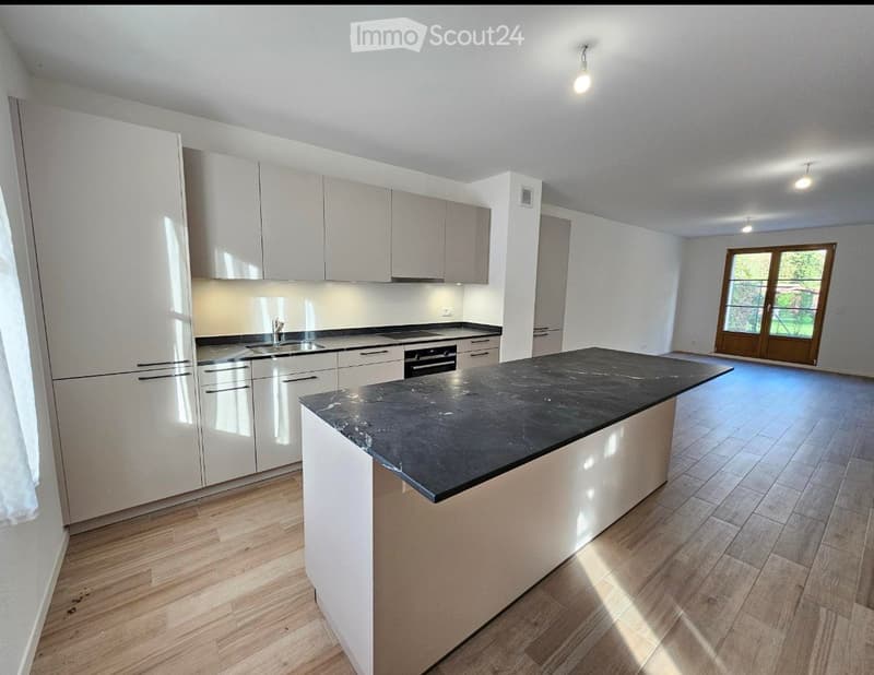 Modern kitchen with white cabinets, a central island with a black countertop, and a sink with a faucet. The space features wooden flooring and large windows allowing natural light to enter.