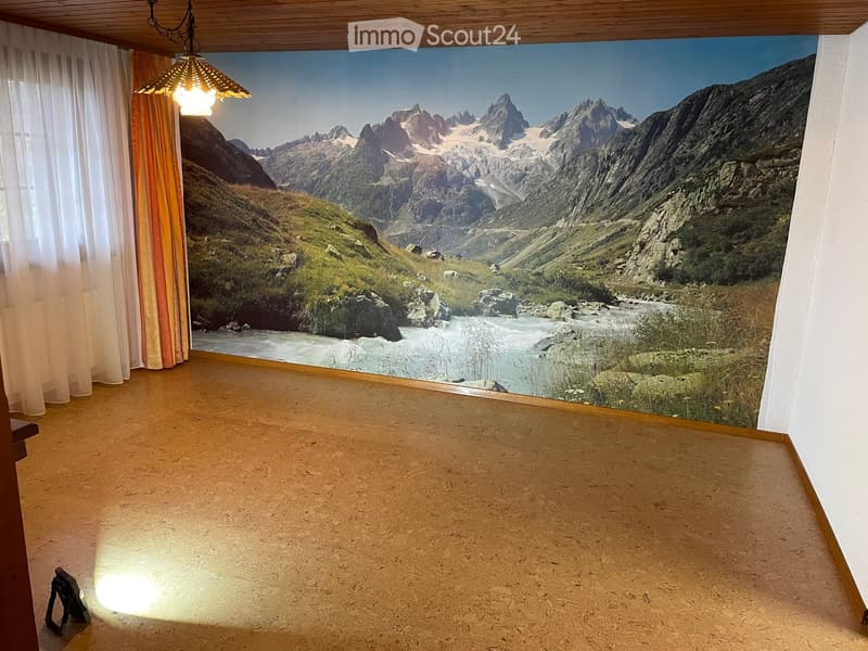 Empty room with a large panoramic mural of a mountain landscape on one wall, wooden floor, and a hanging light fixture.