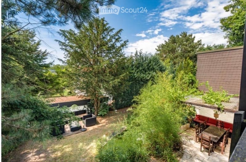 A lush garden area with trees, shrubs, a patio with a table and chairs, and a small structure, likely a summerhouse or shed, under a clear blue sky.