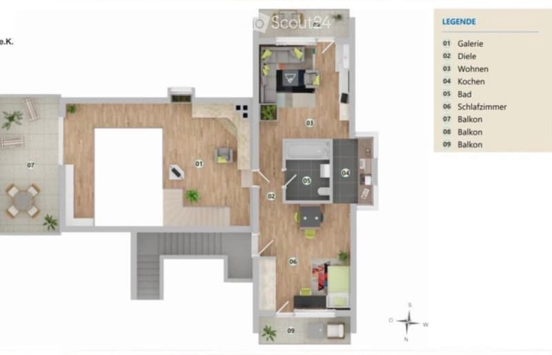 Floor plan of a multi-level residential space with a gallery, living area, kitchen, bedrooms, bathrooms, and balconies.