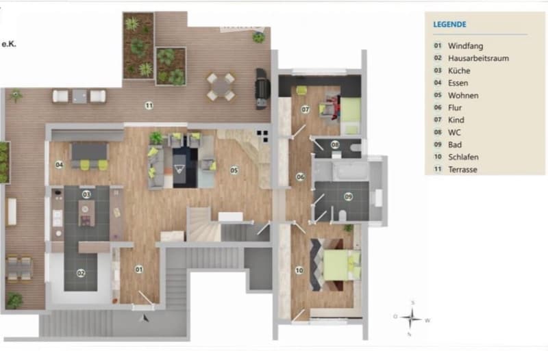 Floor plan of a two-story house with kitchen, living room, bedrooms, bathrooms, and a terrace.